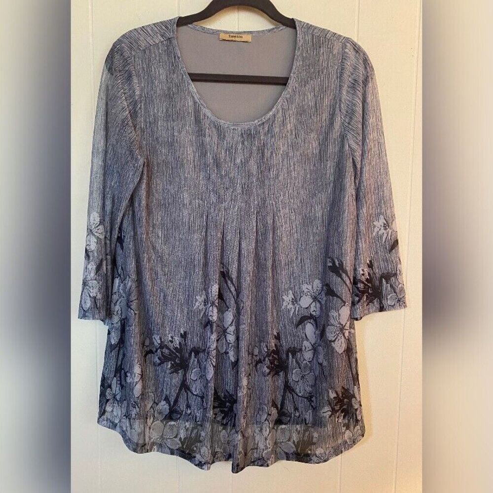 Timeson Blouse Women’s Large Blue Floral Pleated Tunic Fairycore